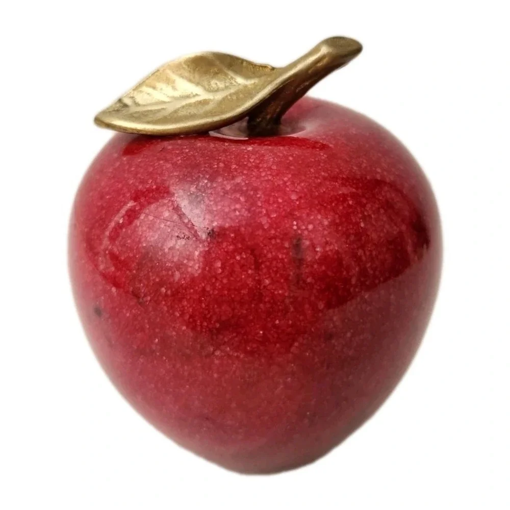 Vtg MCM Paperweight Polished Red Alabaster Marble Stone Apple With Brass Leaf